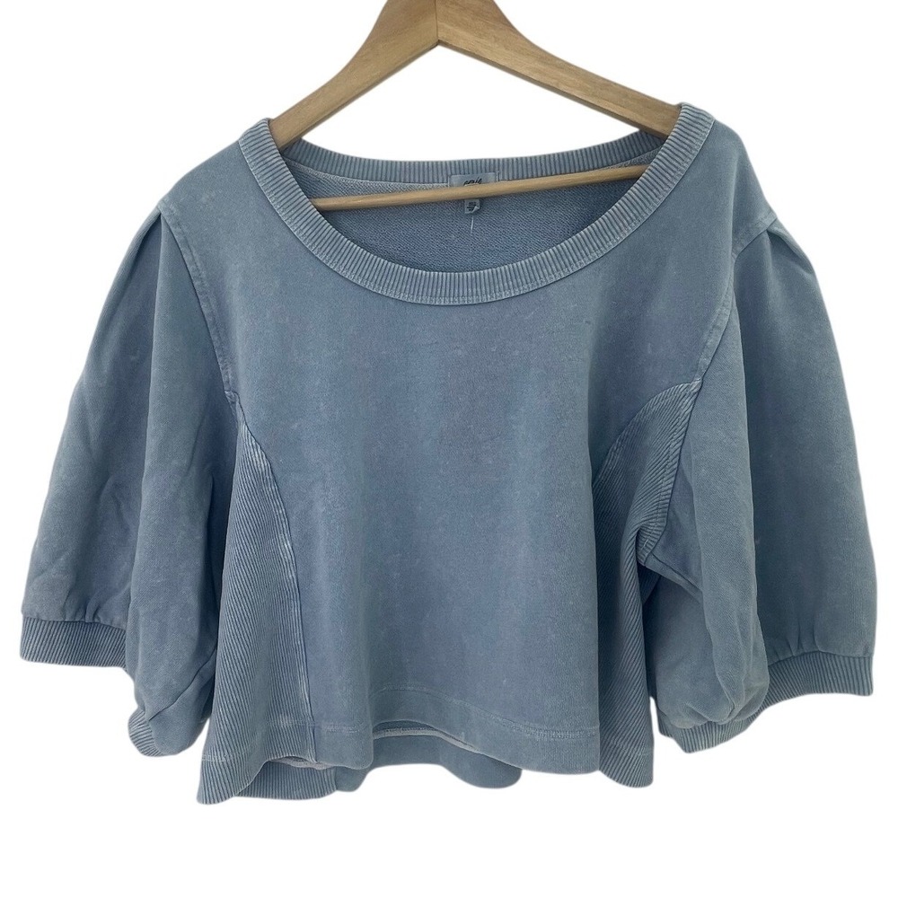 NWT Aerie Blue Puff Short Sleeve Cropped Sweatshirt XXL Acid Wash Ribbed Trim